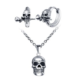 INFINIONLY Men's Women's Stainless Steel Necklaces and Earrings Jewellery Sets Creative Skull Chains Pendant Fashion Skull Rose Hoop Earrings for Boys Silver