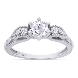 SAVEARTH DIAMONDS Vintage Style Ring, Center 5MM Round Cut Sparkling Cubic Zirconia Milgrain Solitaire Engagement Ring In 14k White Gold Over Sterling Silver Jewelry For Women Gifts For Her Size-6.5