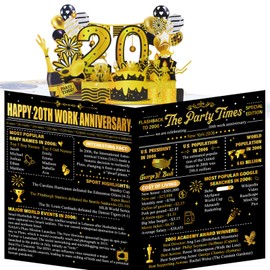 TAKEALOOKO Large 20th Work Anniversary Card - Black Gold 3D Happy 20 Years Workcard with Envelope for Company Employees Husband Wife, 20th Working Alternative Signature Guest Book for Office Supplies