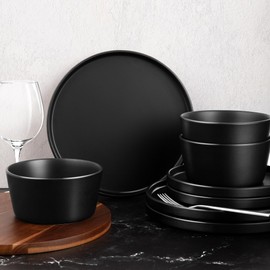 Zulay Kitchen Terra Stoneware Dinnerware Set, Artisanal Ceramic Plates and Bowls Set Crafted at 2300℉ - Service for 4, Black Matte