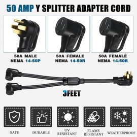 Kanayu 50Amp 14-50 Y Splitter Adapter Cord ETL Listed 4 Prong 250V Splitter for RV and EV Heavy Duty 6/3+8/1 STW AWG RV Generator Outdoor Extension Cord(14-50p to 2 x 14-50r,3ft,Black, Black)