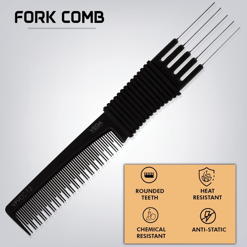 Vega Professional Fork Comb (Carbon Anti-Static Black Line Hair Comb)(VPVCC-12)