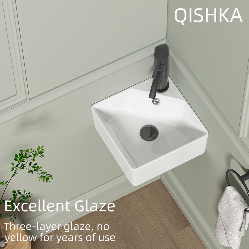 Wall Mount Corner Bathroom Sink, QISHKA 12" X 12" Square
