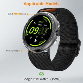 AMANECER Rugged PC Case with Metal Bezel for Pixel Watch 3 45MM, Anti-Scratch Armor Bumper Cover Edge Ring Compatible with Google Smartwatch 2024, Stylish Shockproof Clear Hard Shell - Black