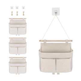 Tulov Pack of 4 Hanging Storage Bag, Hanging Organiser, Hanging Bag, 3 Compartments, Wall Hanging Storage, Wall Organiser with Sticky Hooks for Home, Office, Motorhome, Bathroom, Hallway, Children's
