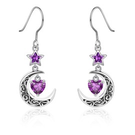 Shysnow Moon Birthstone Earrings for Women 925 Sterling Silver Half Moon Star Dangle Drop Earrings with Heart Crystal Birthday Jewelry for Women, Sterling Silver, Cubic Zirconia
