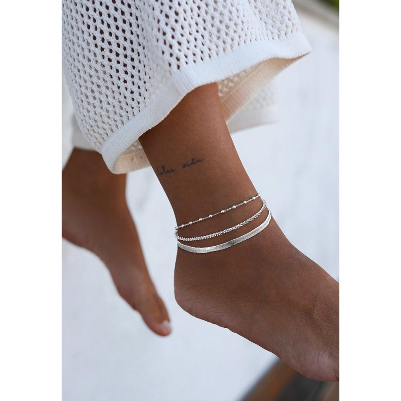 Tewiky Sterling Silver Anklets for Women,Dainty Triple Layered Waterproof Ankle