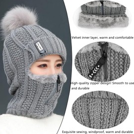 WANYIG 2 in 1 Winter Knitted Hat Scarf Hat Set Winter Hat Beanie Women's Warm Loop Knitted Scarf Windproof Cap with Fleece Lining 55-60 cm, gray