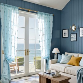 jinchan Blue Sheer Curtains for Living Room Bedroom Coastal Curtains for Beach Cabin Summer Room 84 Inch Long Voile Light Filtering Seashell Starfish Window Treatments Set Rod Pocket 2 Panels