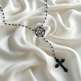 TAMAWire Layered Necklace with Zinc Alloy and Bead, Gothic Necklace, Layered Beads Necklace for Women, Black Bead Necklace, Goth Jewelry (Cross with Pentagram)