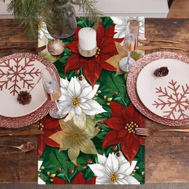 PROCIDA Christmas Poinsettia Table Runner 108 Inch Long Winter Xmas Burlap Table Runners Seasonal Holiday Farmhouse Kitchen Dinning Decoration for Indoor Outdoor Home Party