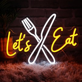 Folkive Let's Eat Neon Sign for Wall Decor Dimmable Knife Fork Led Sign for Restautant Lets Eat Neon Light for Kitchen Cafe Food Bar Cooking Dining Room Luncheonette Bistro Party Decoration