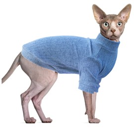Oslueidy Sphynx Cat Clothes, Hairless Cat Vest Turtleneck Sweater, Kitten Puppy Pullover Shirt with Sleeves, Cat Pajamas Jumper for Sphynx, Cornish Rex, Devon Rex, Peterbald (Blue, XXL)
