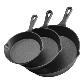 VEVOR Cast Iron Skillet, 3-Piece Frying Pan Set (6, 8, 10 in), Heavy-Duty Skillets with Heat-Resistant Handle, Pre-Seasoned Chef's Pan, Kitchen Cookware, for Oven, Gas, Electrical, Induction, Black