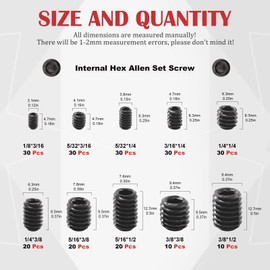 Hilitchi 230Pcs Socket Set Screw Assortment in SAE Sizes Internal Hex Drive Cup Point Allen Grub Screws 12.9 Class Black Alloy Steel (10Sizes)