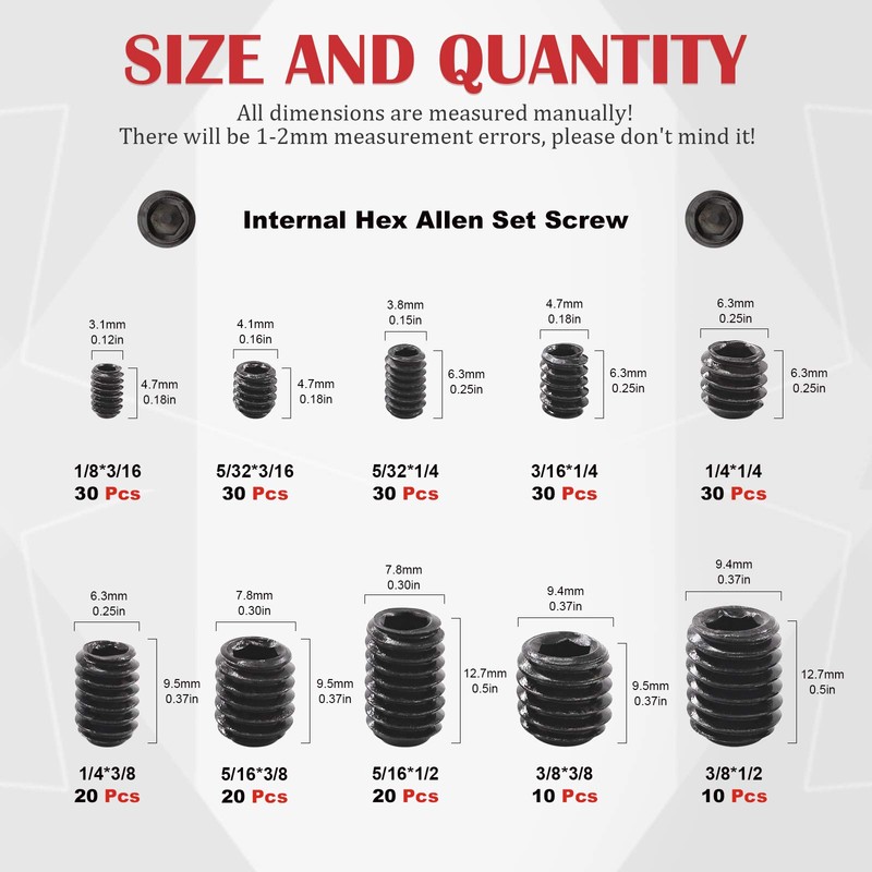 Hilitchi 230Pcs Socket Set Screw Assortment in SAE Sizes Internal