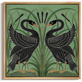 MUDECOR Framed Canvas Print Wall Art Vintage-Inspired Black Birds with Green Background Illustrations Realism Decorative Scenic Panoramic Earth for Living Room, Bedroom, Office - 16"x16" Natural