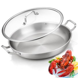 Yeksum Tri-Ply Stainless Steel Paella Pan, 14.5 inch Large Skillet,12 Servings 18/10 Large Paella pan with Lid,Jumbo Cooker,Perfect for Outdoors, Camping, Parties