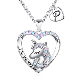 Hidepoo Unicorn Necklace - 14K White Gold Plated Cubic Zirconia Heart Pendant, P Initial Heart Jewelry, Birthday Gifts