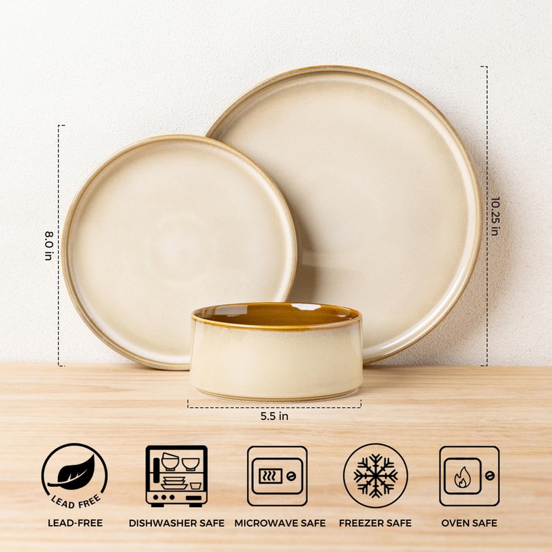 LERATIO Ceramic Dinnerware Sets for 4,Round Reactive Glaze Ceramic Plates
