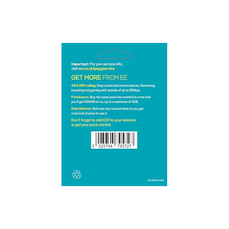 EE EE 50GB Data Sim includes £20 pre-paid credit, 50GB