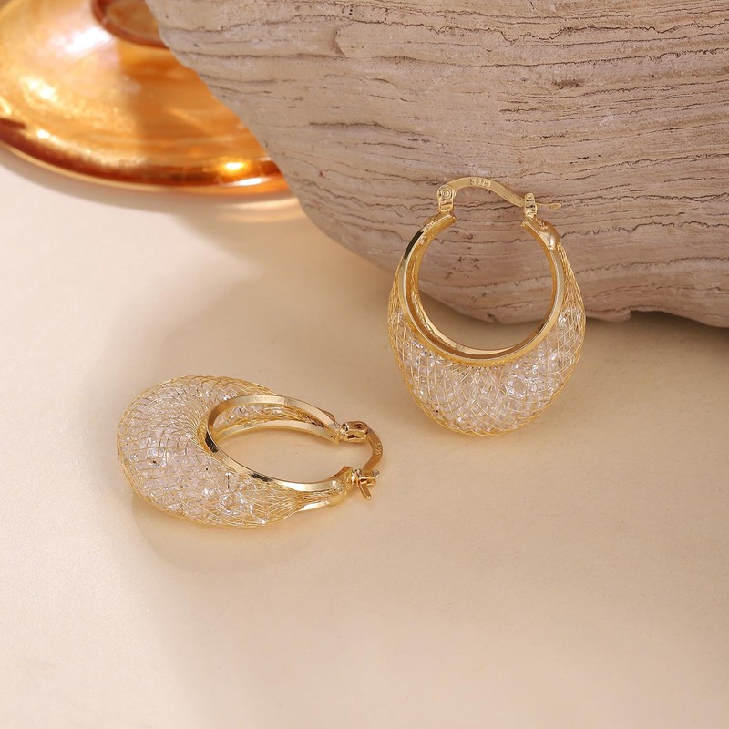 SayovatBek 14K Gold Plated 23–25mm Lightweight Mesh Hoop Earrings for