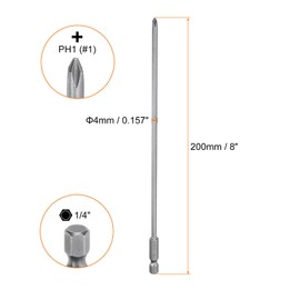 sourcing map 2pcs #1 Phillips Screwdriver Bit PH1 1/4" Hex Shank 8" (200mm) Long Magnetic S2 Steel Industrial Grade Screw Driver Bit Cross Head Electric Drill Bits 0.157" (4mm) Rod