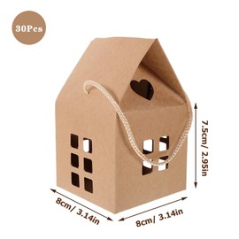 Awleynz 30 Pcs House Shaped Candy Boxes, Kraft Paper Party Favor Boxes with Handles, 3.15x3.15x2.95 Inch Christmas Treat Boxes for Wedding Christmas Birthday Housewarming Party (Brown)