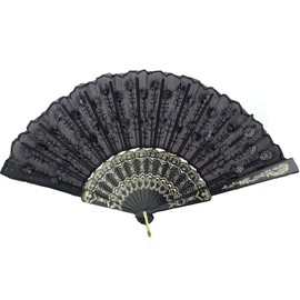 Innolife Elegant Embroidered Flower Peacock Pattern Sequin Fabric Folding Handheld Hand Fan Hand-Crafted (Black)