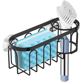 Yazoni 2-in-1 Sponge Holder for Kitchen Sink, Suction Cup Sponge Rack Kitchen Sink Caddy, No Drill Rustproof Kitchen Sink Organizer for Place Dishwashing Brush Soap and Sponge (Black)