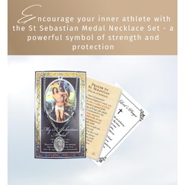St Sebastian Medal Necklace - Pewter Saint Medal With Chain, Laminated Card, The Lord's Prayer Card - Patron of Athletes Themed Set - 3 Items