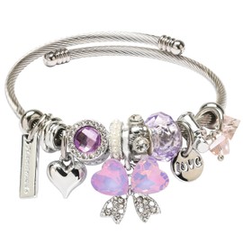 DS Charm Bracelets for girls,exquisite cute cartoon friendship bracelets Stainless Steel Bangle with birthday Gift box, Adjustable girls jewelry Suitable for holiday gifts (Silver-purple butterfly 3)