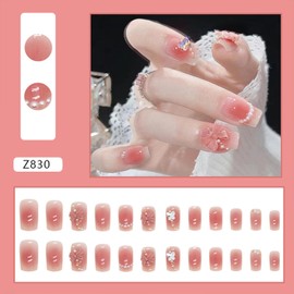 Blush Press on Nails Medium Square Fake Nails Ombre False Nails With Bow Pearls Rhinestones Designs Full Cover Stick on Nails Acrylic Artificial Nails Glue on Nails for Women Nail Decorations 24Pcs