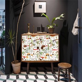 Dresser Drawer Liner Beautiful Mushroom Patterns Shelf Paper for Kitchen Cabinets Self Adhesive Contact Paper for Home Furniture Decoration (Green/White Mushroom Floral, 118 inch x 17.4 inch)