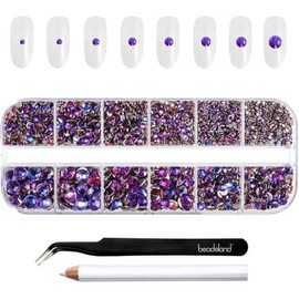 Beadsland (Beadsland) 2500 Pieces Rhinestones for Makeup 8 Sizes Mixed Size Kit for Nail Crafts with Tweezers and Pencil Flatback Rhinestone Face Gem Transparent SS4-SS30, 1 Piece, Purple Velvet / Beadsland(비즈랜드)2500피스 메이크업용 라인석 핀셋과 연필로 손톱 공예용 8 사이즈 혼합 크기 키트 플랫백 라인석 페이스 보석 투명 SS4-SS30, 1개, 보라색벨벳