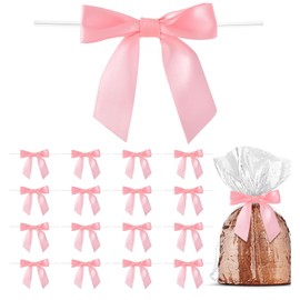 Baby Pink Twist Tie Bows for Treat Bags,Pink Bows,2.75" Pre-Tied Light Pink Bows Satin Ribbon Bows for Gift,Wrapping Premade Bows for Crafts, Party Favors, Wedding, Baby Shower Decorations (50 Pack)