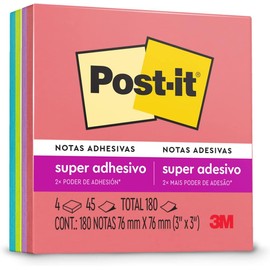 Post-it Notas Súper Adhesivas, Doble poder de adhesión, Colores Neón, 7.6cm x 7.6 cm, 4 pads, 45 hojas por pad