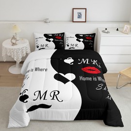 Feelyou Valentine's Day Bedding Set King Size His and Hers Comforter Set for Women Men Black White Comforter Romantic Lover Quilt Set 3Pcs