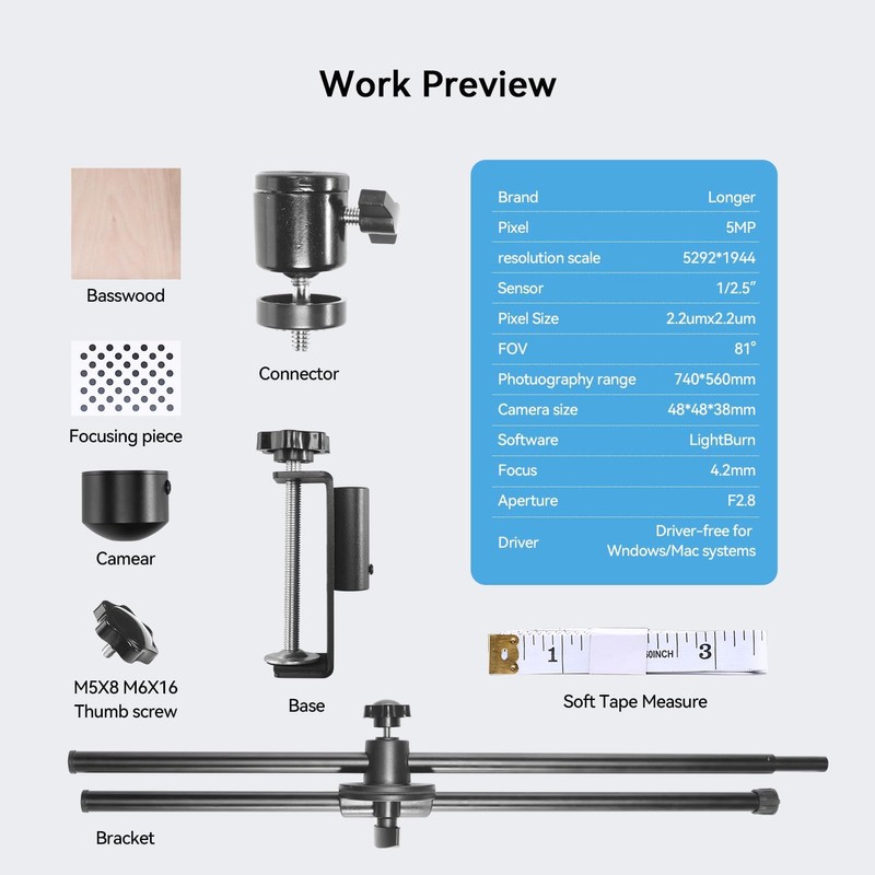 Longer Lightburn Camera for Laser Engraver,5MP Precise Positioning,740 * 560mm