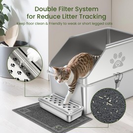 KPWACD Enclosed Stainless Steel Cat Litter Box with Lid, XL Extra Large Non-Stick Metal Litter Pan for Big Cats, High-Sided Kitten Toilet Enclosure, Non-Stick, Anti-Leakage, Easy Cleaning