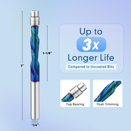 2 PCS Spiral Flush Trim Router Bit Set ,1/4 Inch Shank Solid Carbide Flush Trim Router Bits Spiral with Nano Coated,Set of 1pcs Downcut Bits+1pcs Up Cut Bits