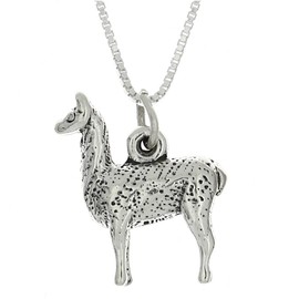 Sterling Silver Oxidized Three Dimensional Llama Charm Pendant with Polished Box Chain Necklace (16 Inches)