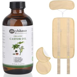 YBHMO Organic Castor Oil Cold Pressed Glass Bottle (8fl.oz/237ml), Castor Oil Pack Wrap Organic Cotton for Liver Wastes Release, Inflammation and Relieve Pain Body Care Comfort