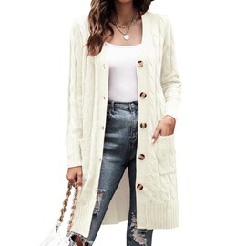 Aottori Women's Long Elegant Cardigan Chunky Knit Long Sleeve Knitted Cardigan Open Front Pullover Knitted with Buttons and Pockets for Autumn Winter, White