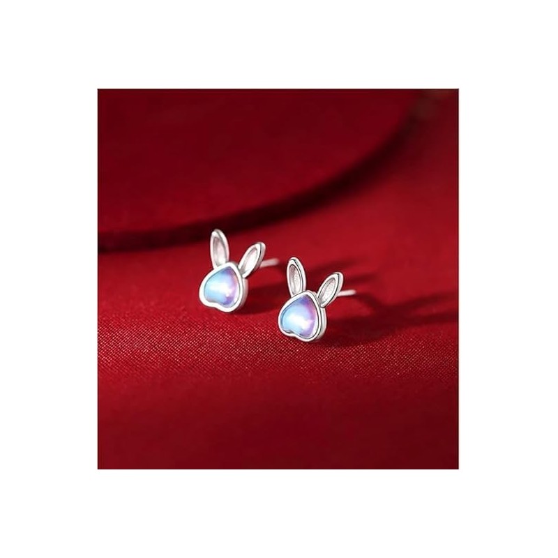 1Pair Silver Bunny Rabbit Stud Earrings for Women Cute Opal