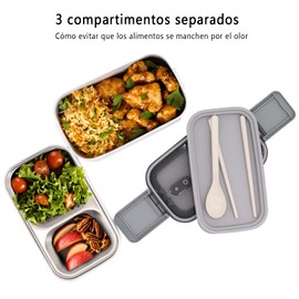 Fiambrera, Aislamiento Caja de Almuerzo de Fugas de 1400 ml, Topper para Lunch de Acero Inoxidable 304, Lonchera con Toppers de Doble Capa con Asa, Cubiertos, 3 Compartimentos,Para Microondas (Blanco)