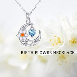 Shysnow March Daffodil Necklace 925 Sterling Silver Crescent Moon Aquamarine Birthstone Birth Flower Pendant Necklace for Women Dainty Floral Jewelry Gifts