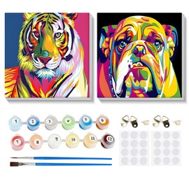 MOGTAA 2 Pack Paint by Number for Kids Adults with Frame, Tiger and Dog Paint by Numbers for Beginners, Acrylic Paint by Number Kits On Canvas, DIY Oil Painting Kits for Home Art Decor (8x8inch)