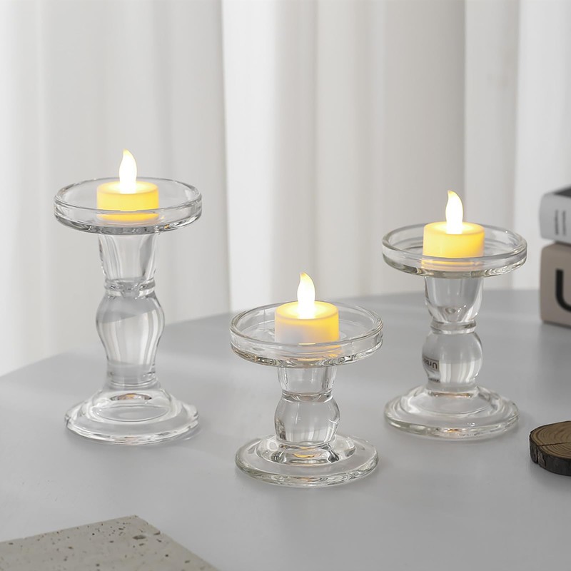 Glass Candle Holders, 3 Pieces Crystal Clear Candlesticks with Elegant