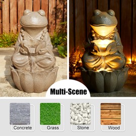 Glitzhome 2-Tiered Zen-Style Frog Polyresin Outdoor Fountain with Pump and LED Light, 21.75" H, Sand Beige